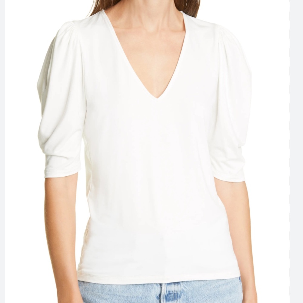 Frame White Puff Sleeve V-neck T-shirt  Size S